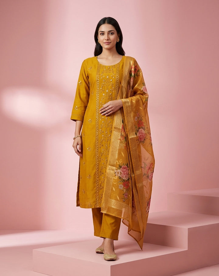Mustard Embroidered Straight Kurta Set