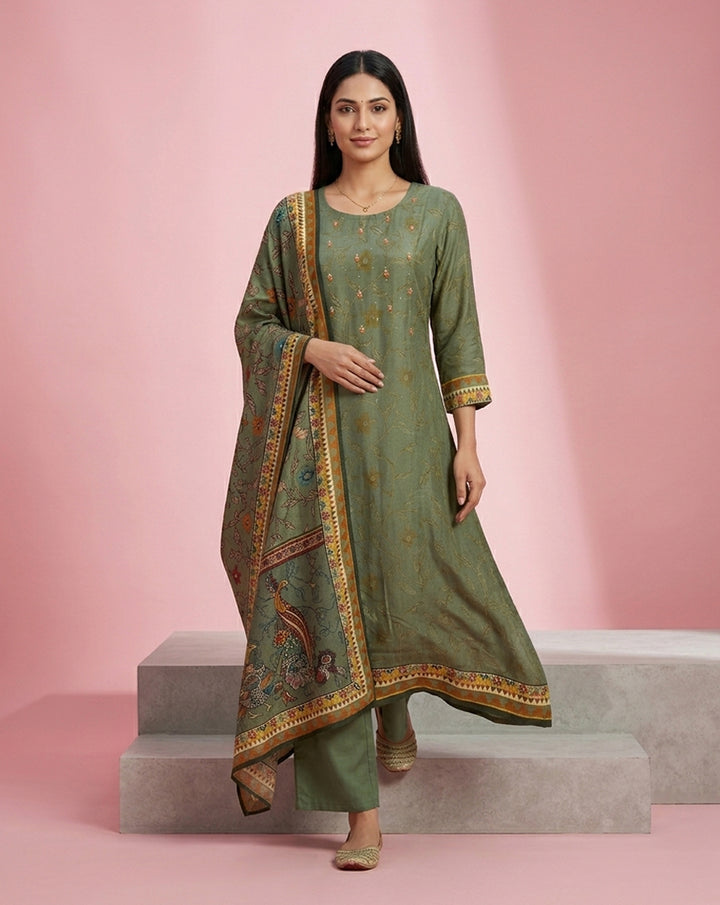 Sage Green Embroidered Floral A-Line Kurta Set