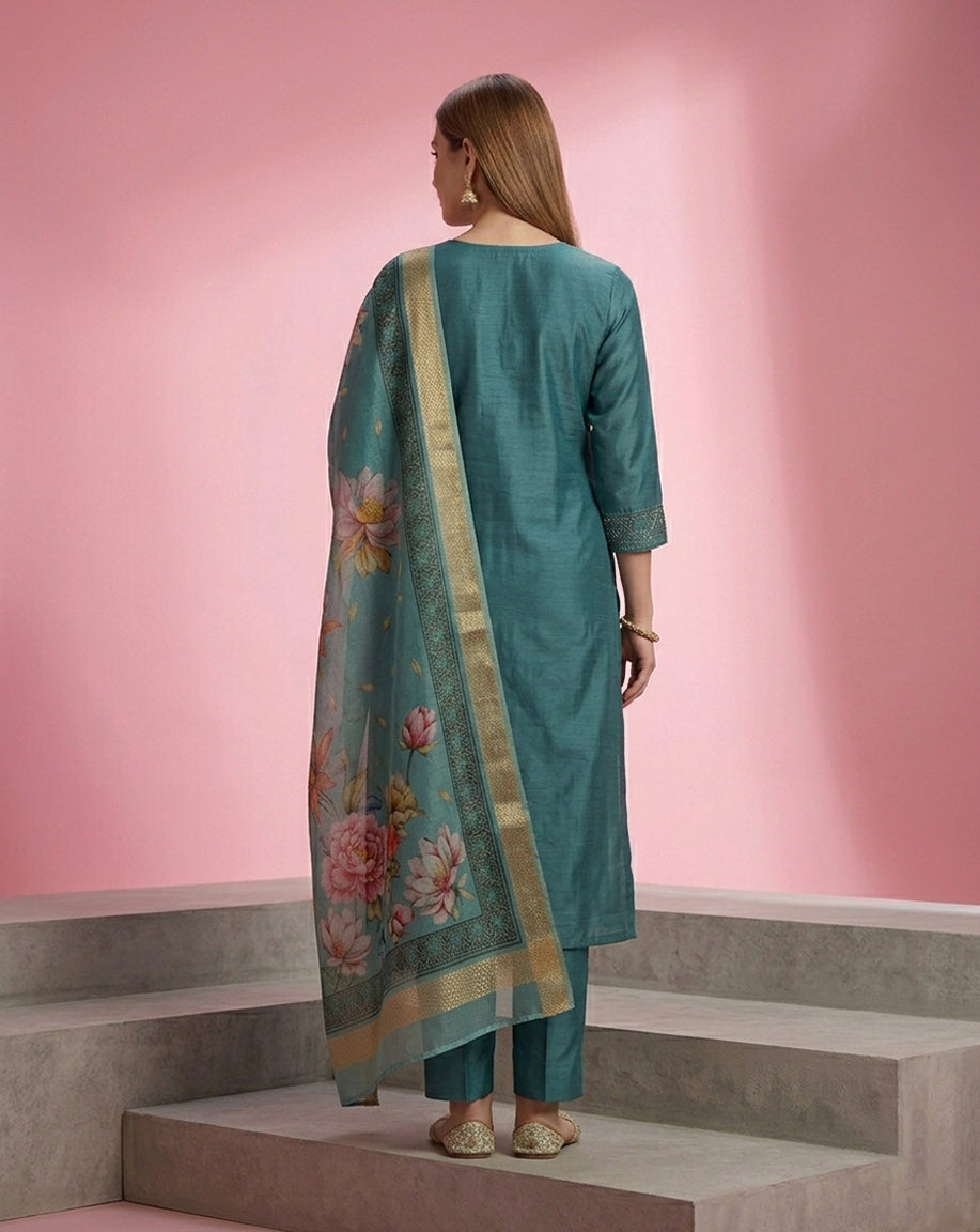 Teal Mirror Work Straight Kurta Set