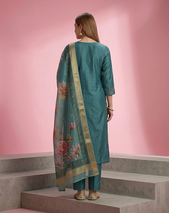 Teal Mirror Work Straight Kurta Set