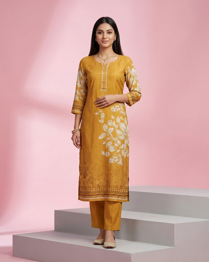 Mustard White Bold Floral Print Straight Kurta Set