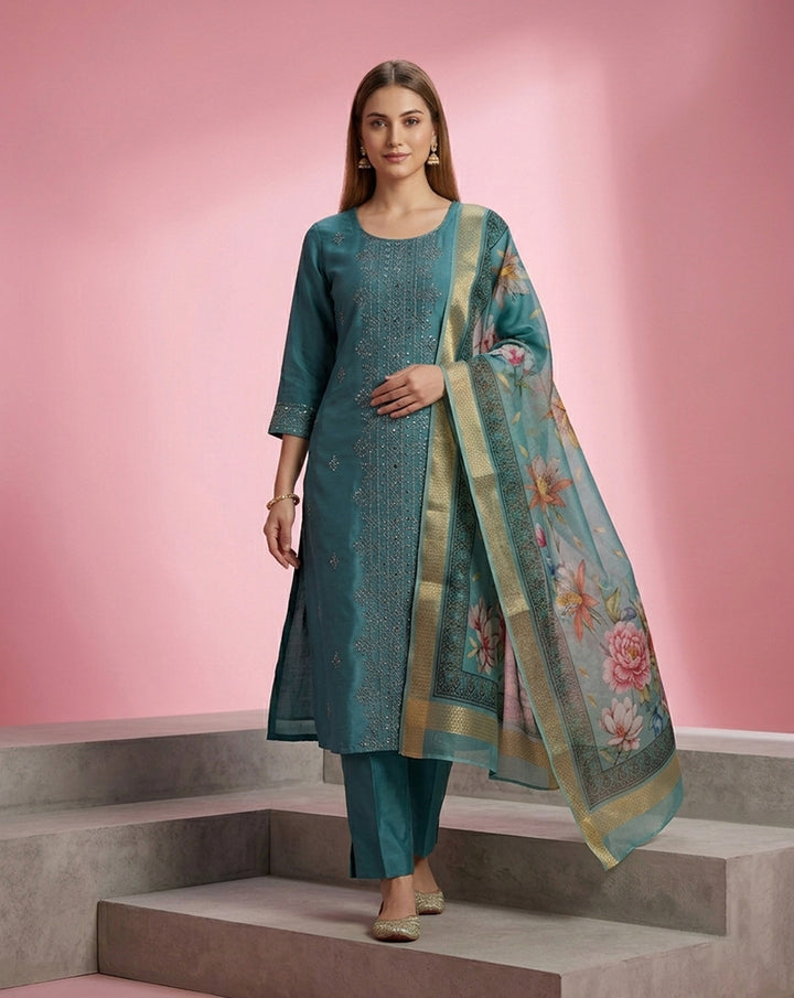 Teal Mirror Work Straight Kurta Set