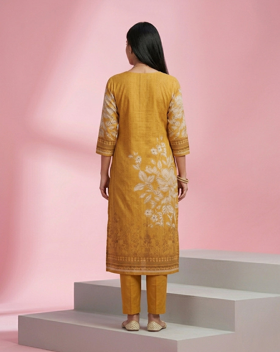 Mustard White Bold Floral Print Straight Kurta Set