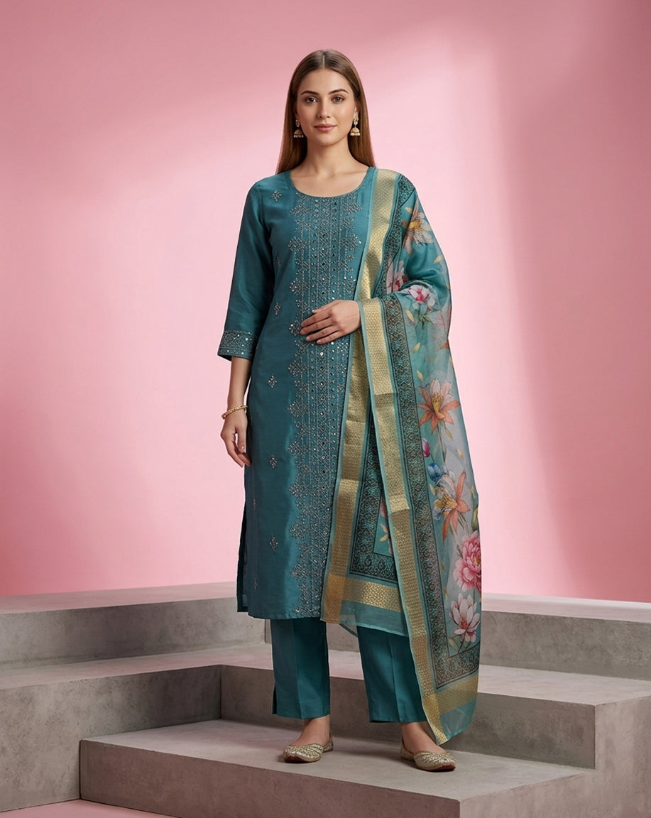 Teal Mirror Work Straight Kurta Set