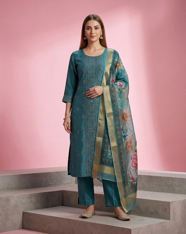 Teal Mirror Work Straight Kurta Set