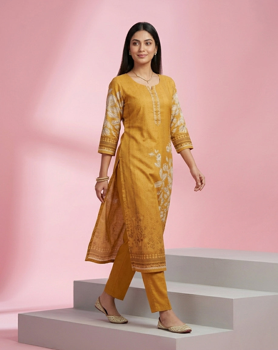 Mustard White Bold Floral Print Straight Kurta Set