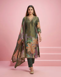 Olive Floral Print Straight Kurta Set 1