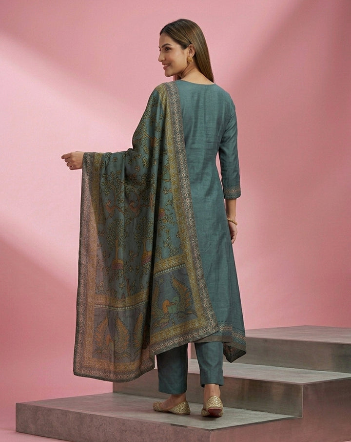 Teal Mirror Embroidered Straight Kurta Set