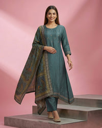 Teal Mirror Embroidered Straight Kurta Set 1