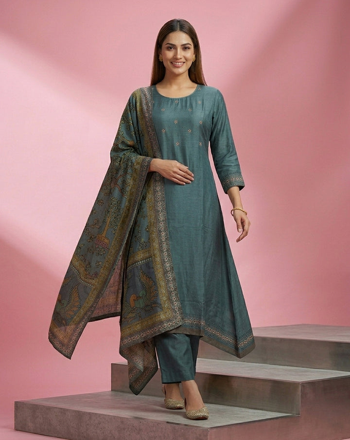Teal Mirror Embroidered Straight Kurta Set