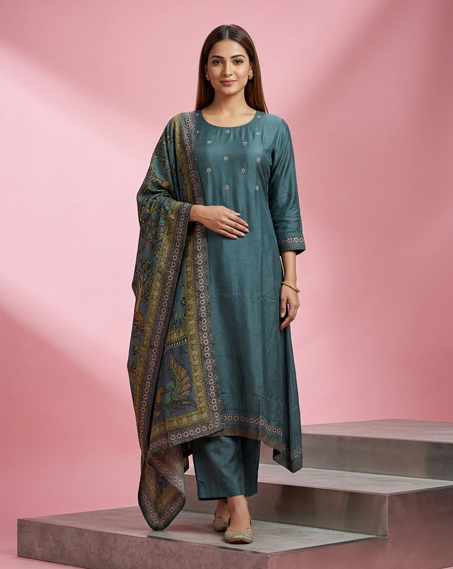Teal Mirror Embroidered Straight Kurta Set