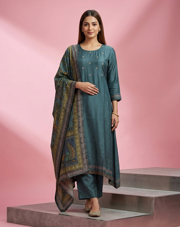 Teal Mirror Embroidered Straight Kurta Set