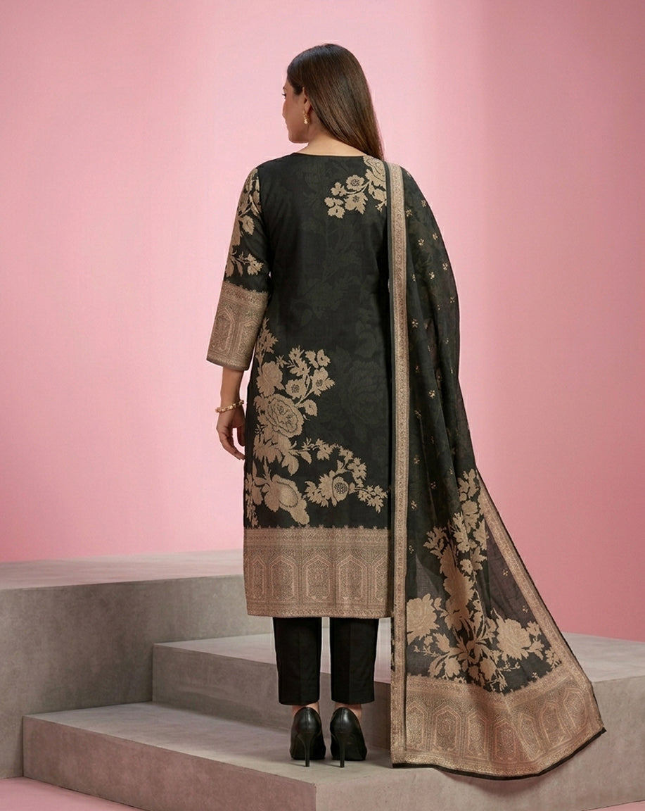 Black Beige Rose Jacquard Print Straight Kurta Set