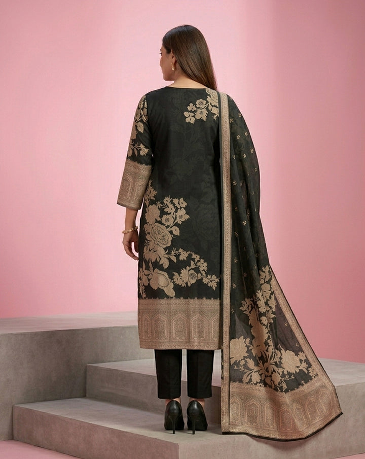 Black Beige Rose Jacquard Print Straight Kurta Set