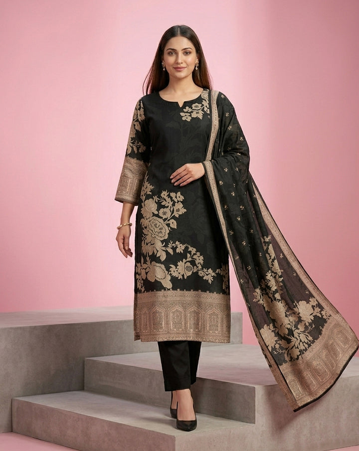 Black Beige Rose Jacquard Print Straight Kurta Set