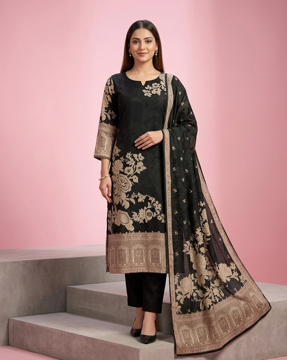 Black Beige Rose Jacquard Print Straight Kurta Set