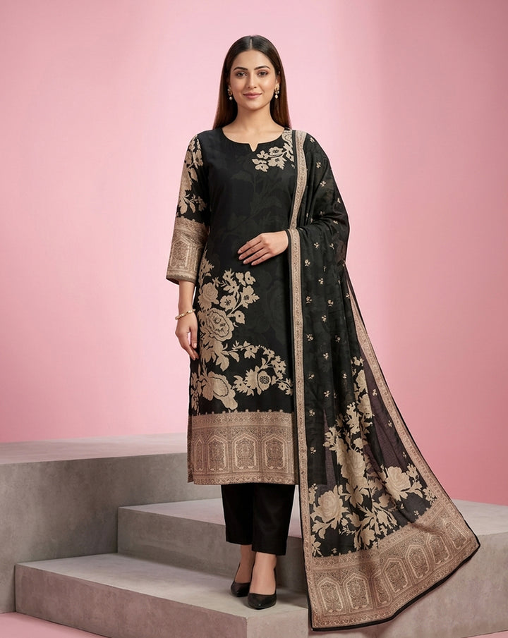 Black Beige Rose Jacquard Print Straight Kurta Set