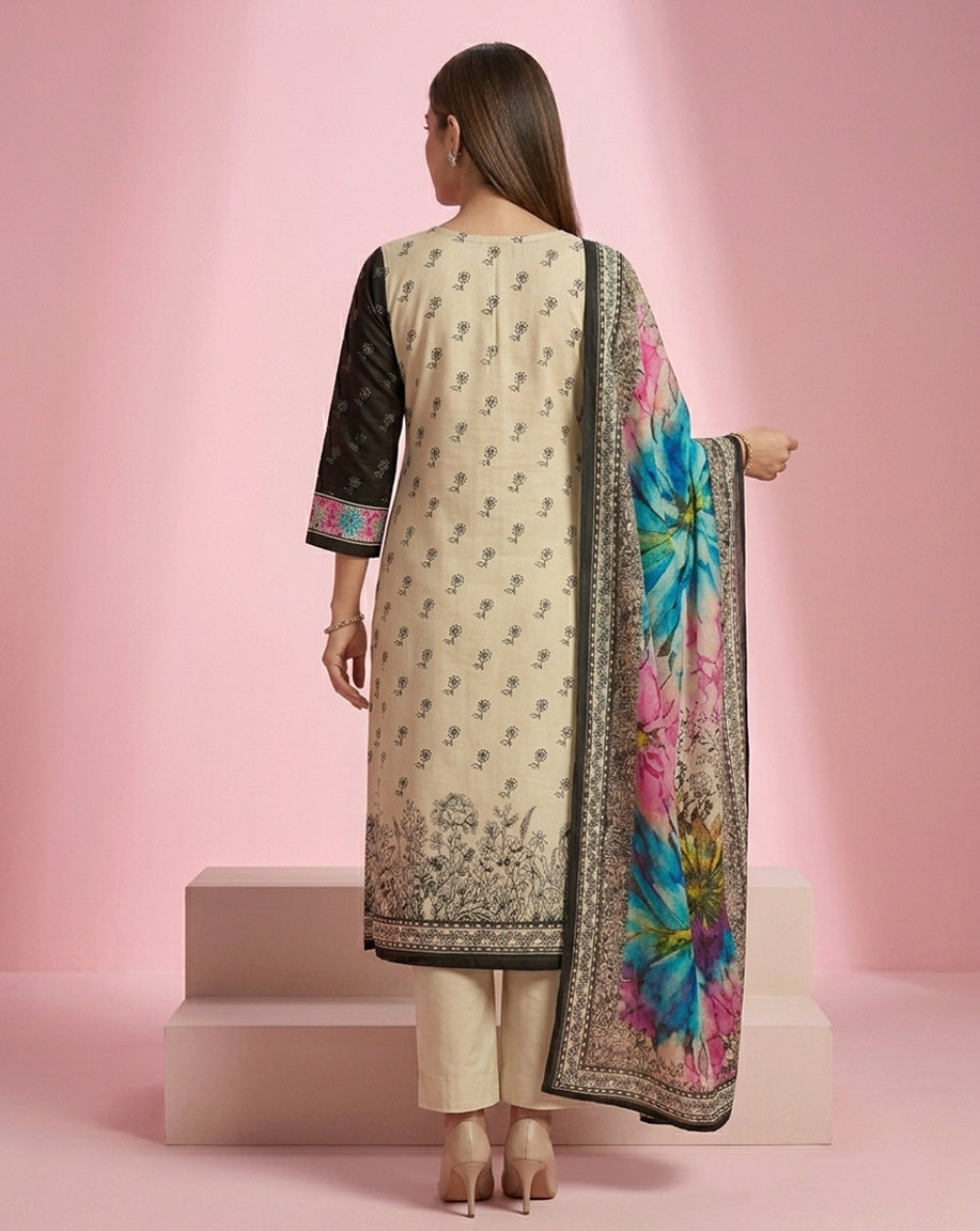 Cream Black Buti Print Straight Kurta Set