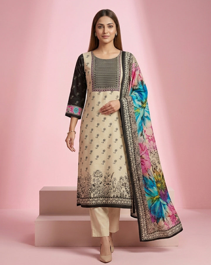 Cream Black Buti Print Straight Kurta Set