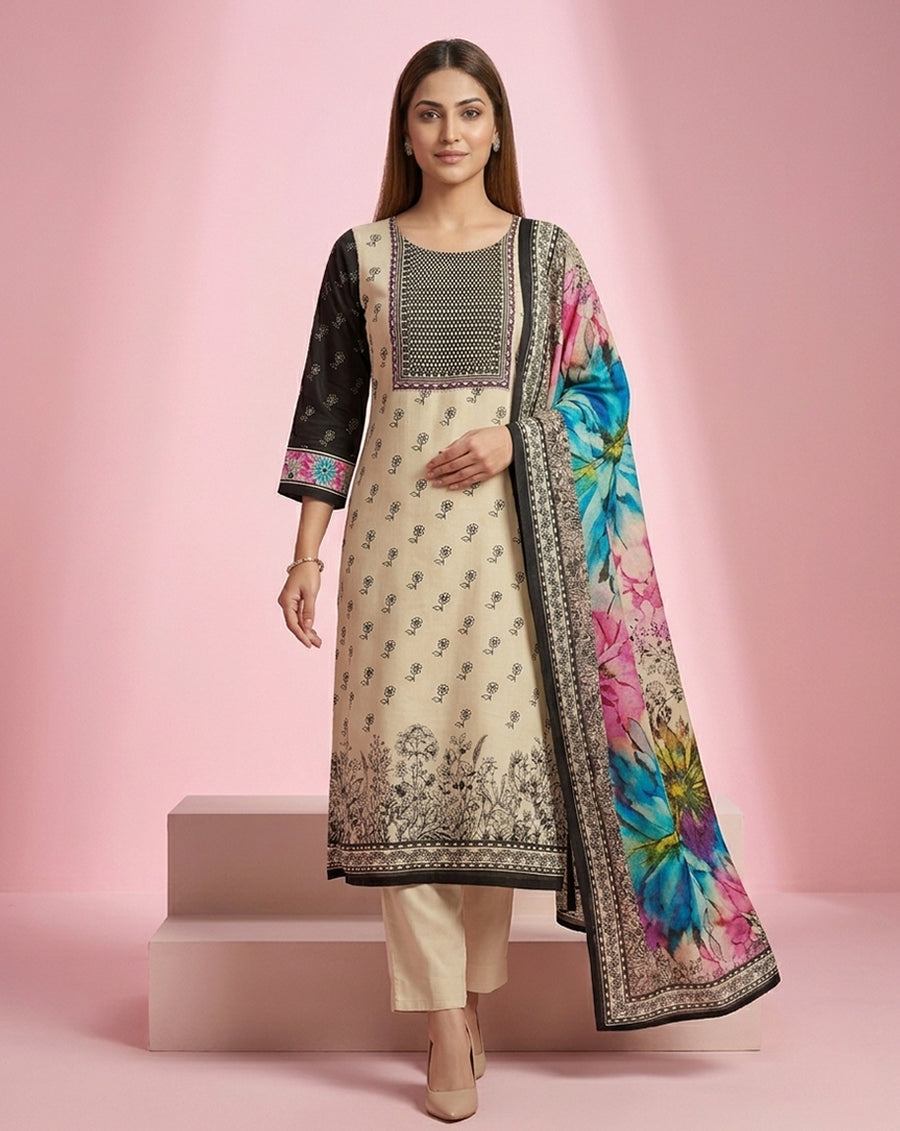 Cream Black Buti Print Straight Kurta Set