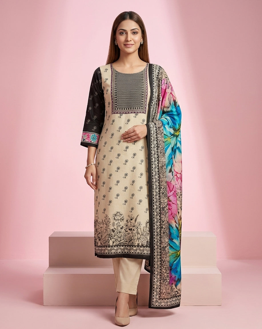 Cream Black Buti Print Straight Kurta Set
