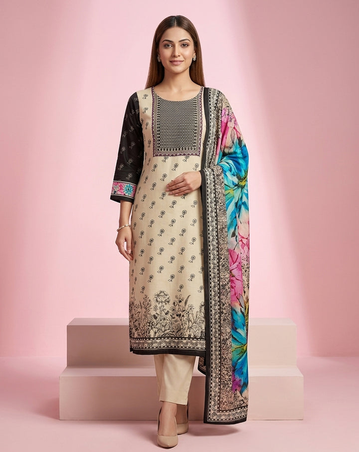 Cream Black Buti Print Straight Kurta Set