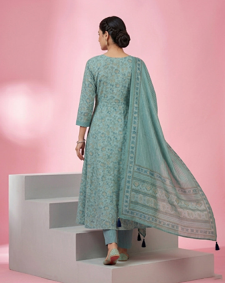 Teal Floral Buti Anarkali Kurta Set