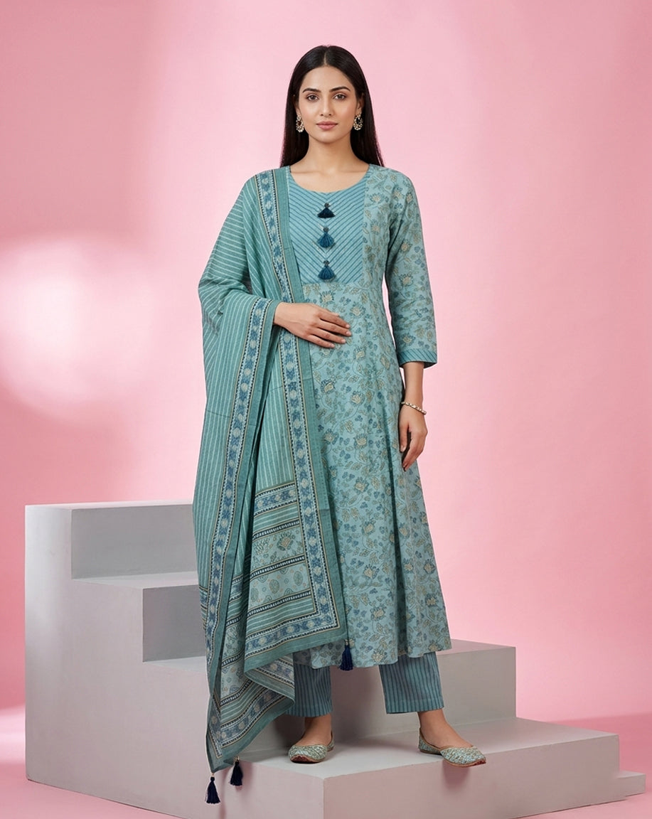 Teal Floral Buti Anarkali Kurta Set