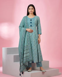 Teal Floral Buti Anarkali Kurta Set 3