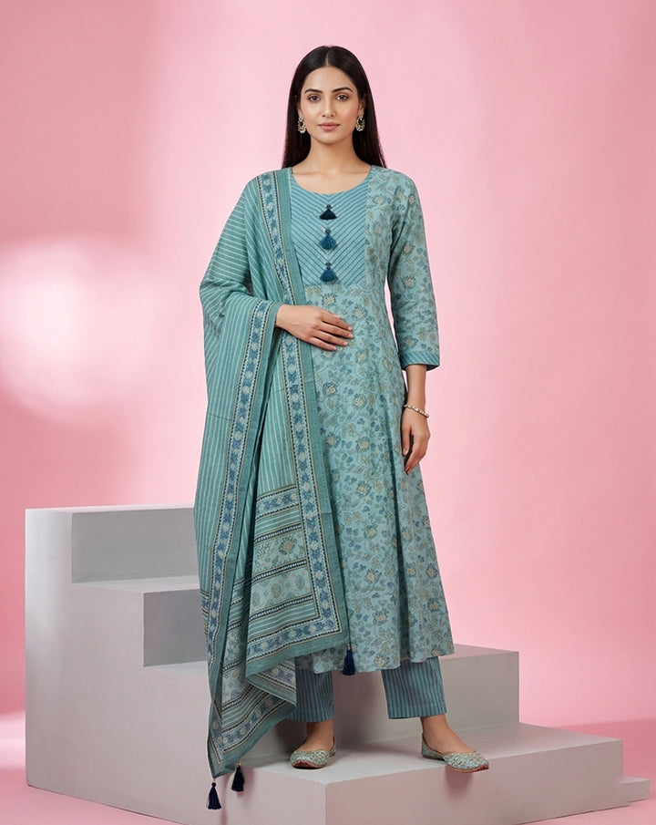 Teal Floral Buti Anarkali Kurta Set