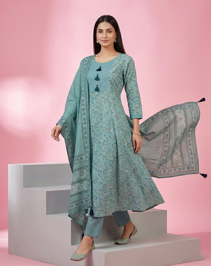 Teal Floral Buti Anarkali Kurta Set