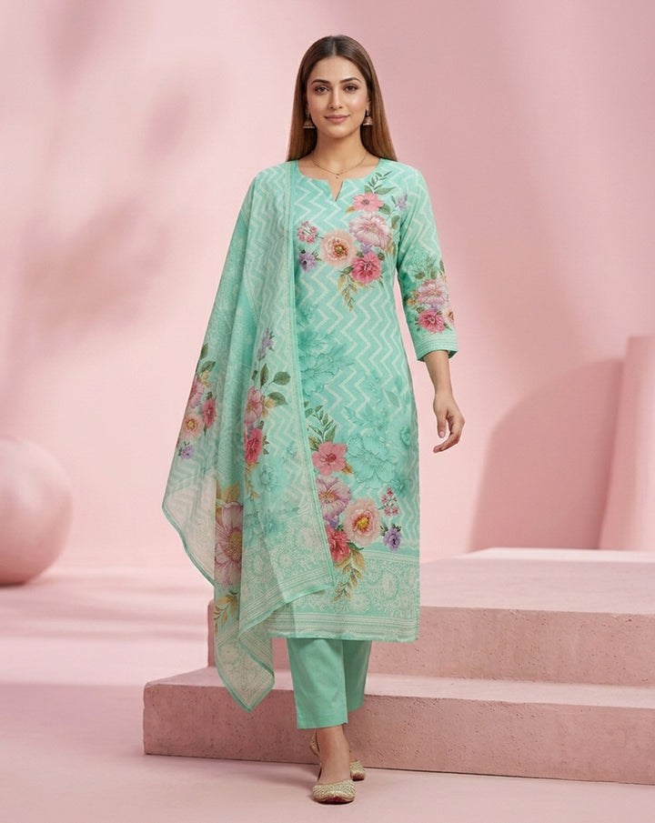 Mint Green Chevron Floral Print Straight Kurta Set