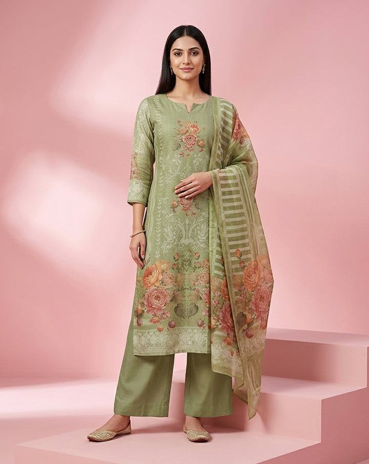 Sage Green Rose Floral Print Straight Kurta Set