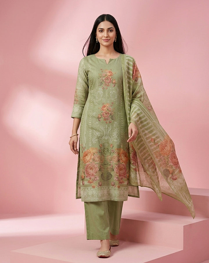 Sage Green Rose Floral Print Straight Kurta Set