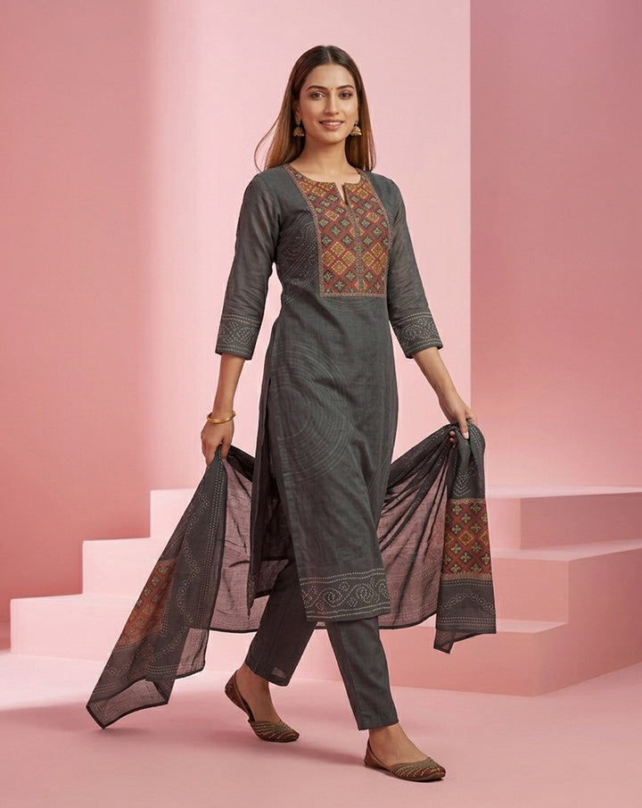 Charcoal Grey Geometric Yoke Print Straight Kurta Set