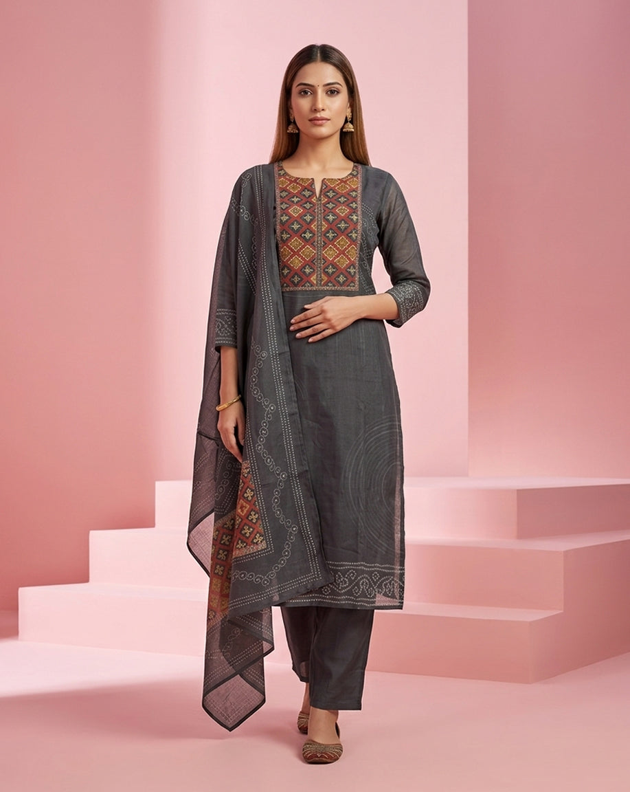 Charcoal Grey Geometric Yoke Print Straight Kurta Set