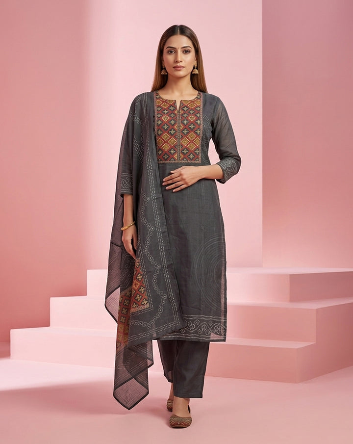 Charcoal Grey Geometric Yoke Print Straight Kurta Set