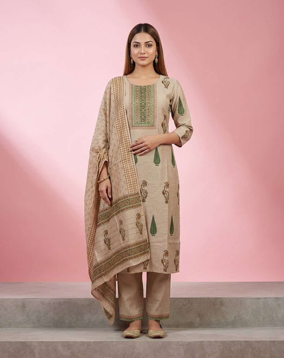 Beige Green Cypress Buti Embellished Kurta Set