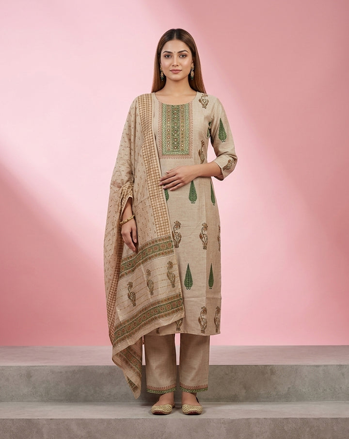 Beige Green Cypress Buti Embellished Kurta Set