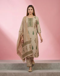 Beige Green Cypress Buti Embellished Kurta Set 1