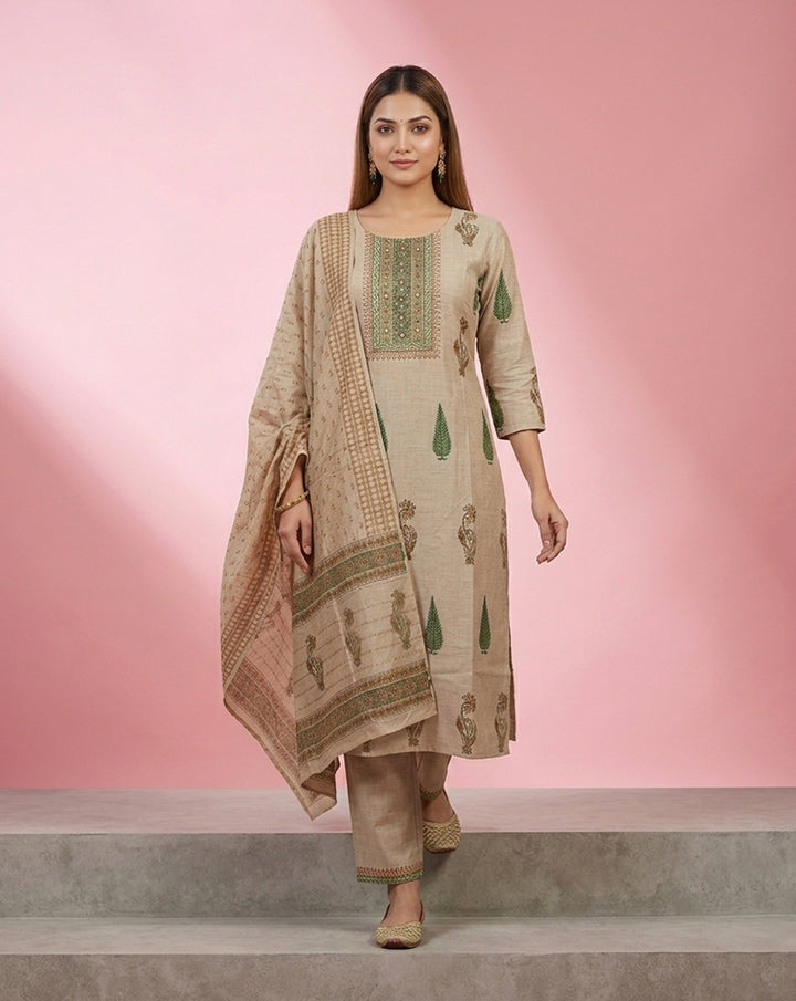 Beige Green Cypress Buti Embellished Kurta Set