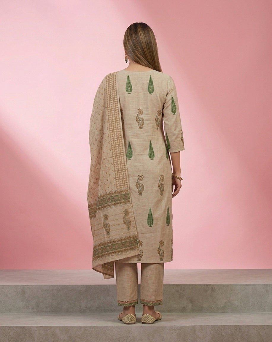 Beige Green Cypress Buti Embellished Kurta Set