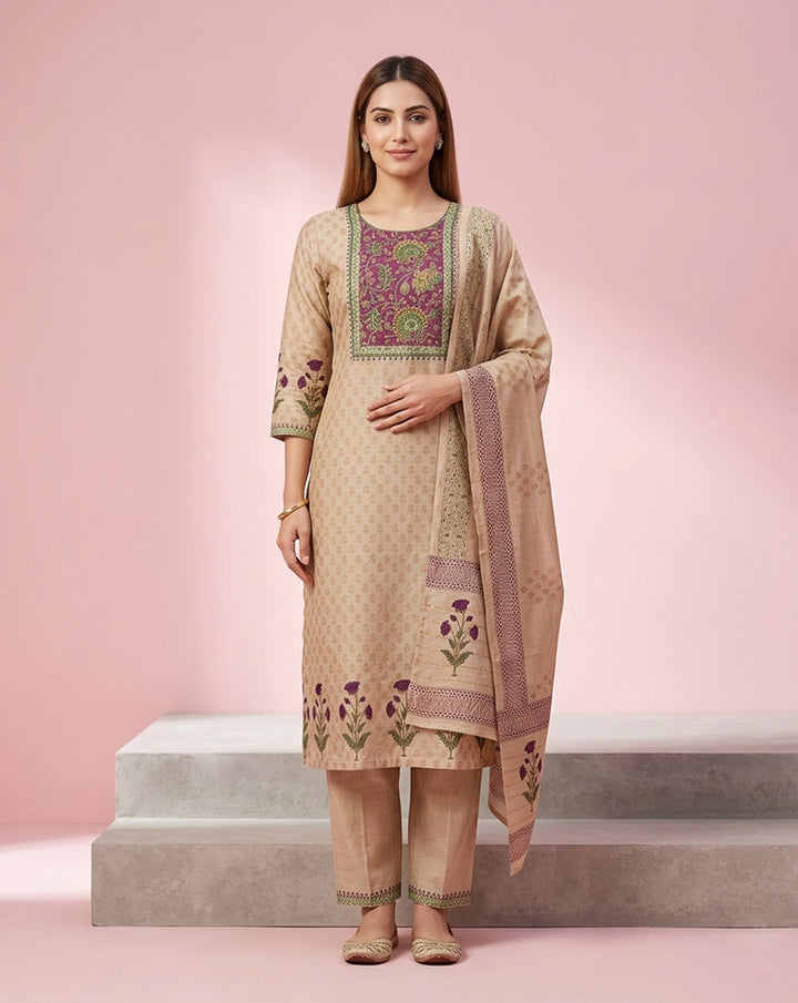 Beige Purple Floral Yoke Buti Print Kurta Set