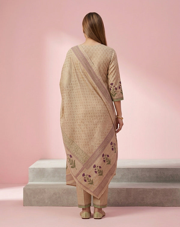 Beige Purple Floral Yoke Buti Print Kurta Set