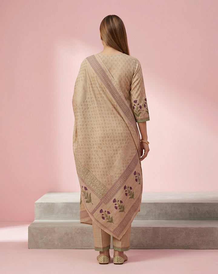 Beige Purple Floral Yoke Buti Print Kurta Set