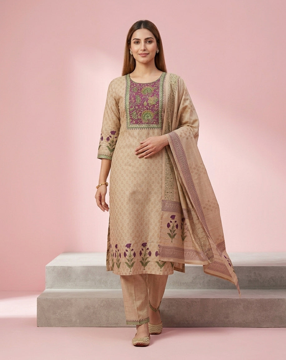 Beige Purple Floral Yoke Buti Print Kurta Set