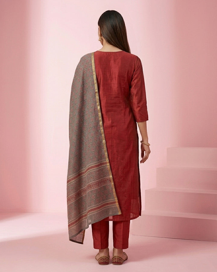 Red Geometric Yoke Embroidered Straight Kurta Set