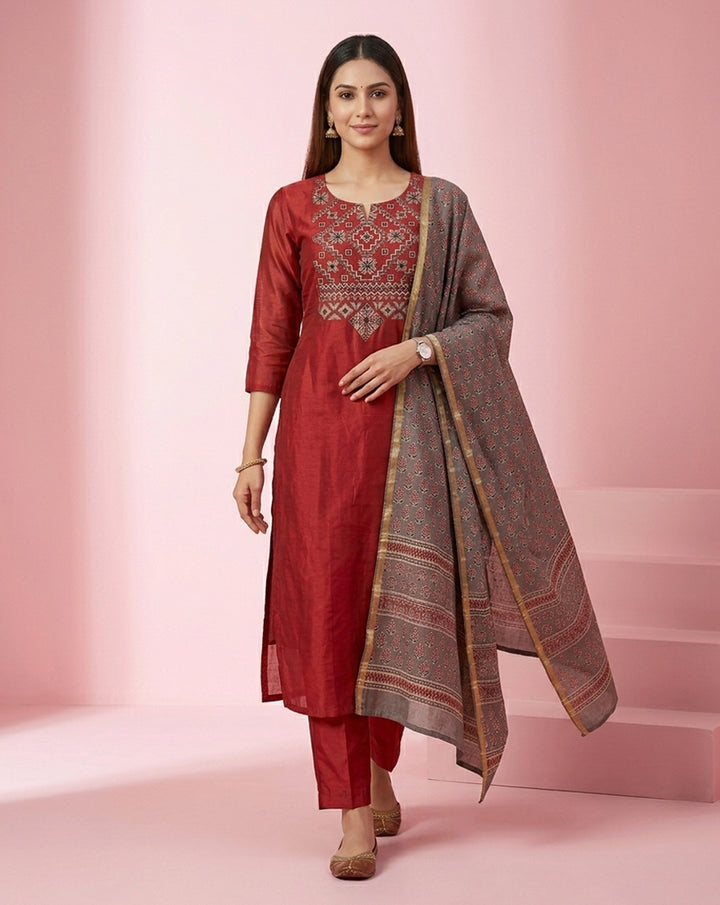 Red Geometric Yoke Embroidered Straight Kurta Set