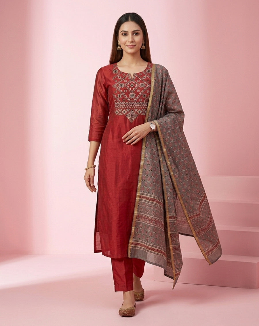 Red Geometric Yoke Embroidered Straight Kurta Set