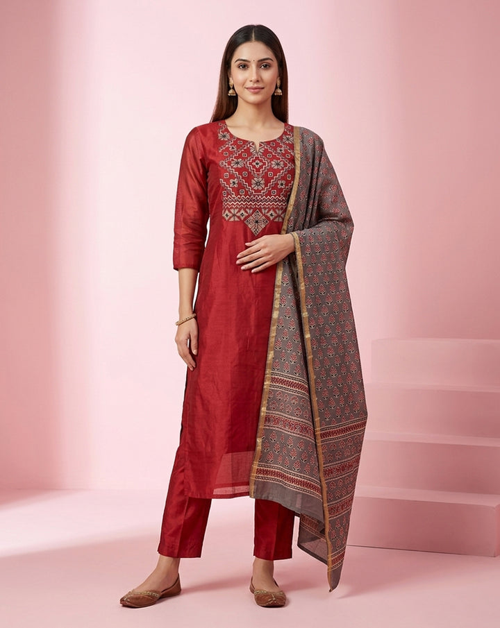 Red Geometric Yoke Embroidered Straight Kurta Set
